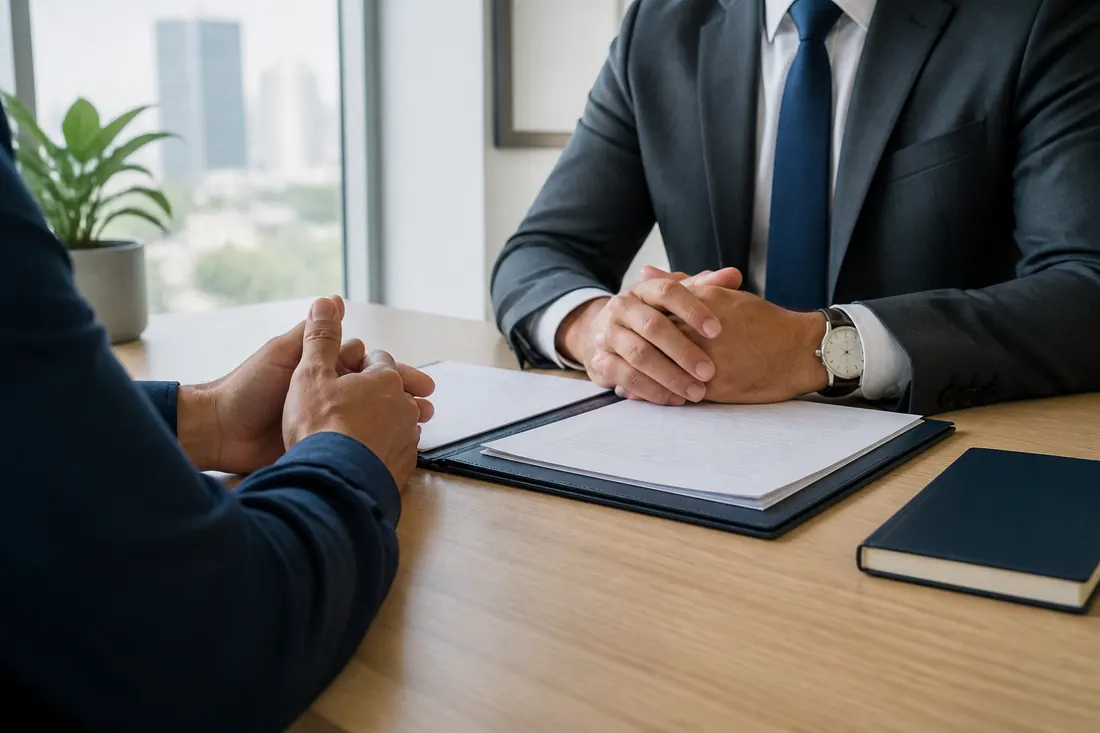 Dos personas conversan sobre un expediente en una mesa de consulta